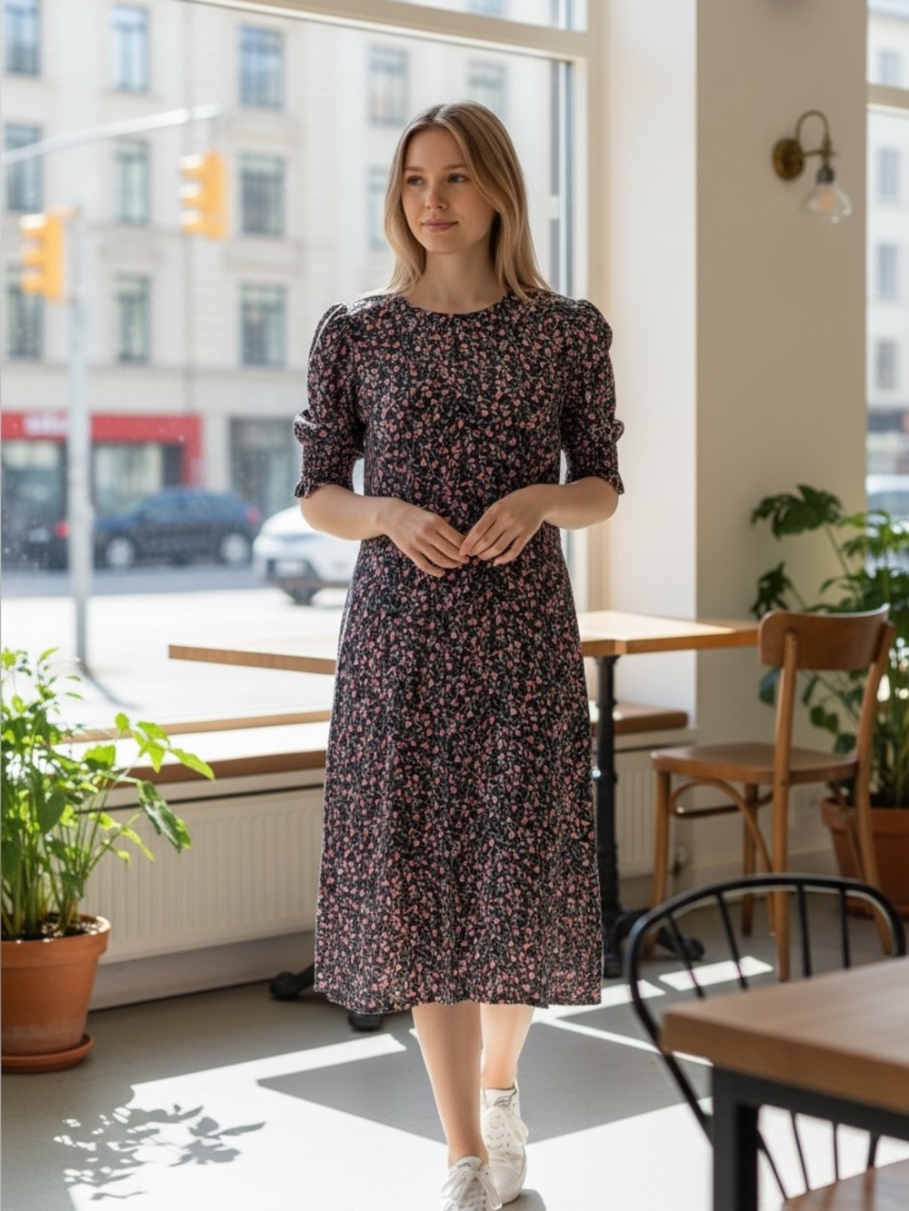 Velvet by Graham & Spencer Ditsy Floral Midi Dress w/ Pockets Made in USA M